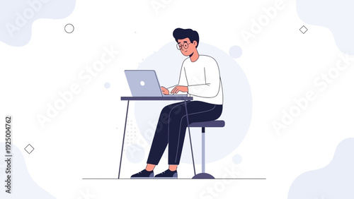 Man Working on Laptop at Desk - Flat Design Illustration