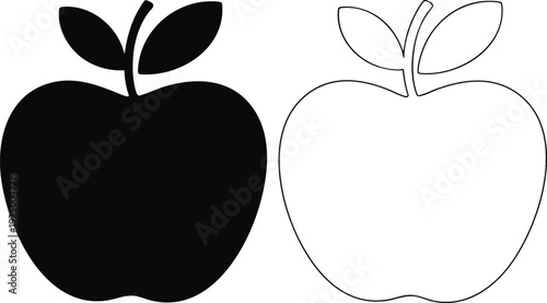 Solid and Outlined Apple Icon Pair, Minimalist Apple Silhouette and Line Art, Twin Apple Graphic Symbols, Basic Fruit Pictograms, vector, illustration, silhouette.