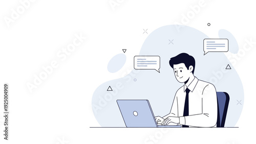 Man working on laptop with chat bubbles, communication concept, flat illustration design