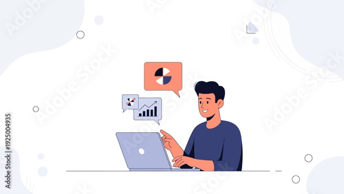 Man working on laptop with data analysis charts and graphs