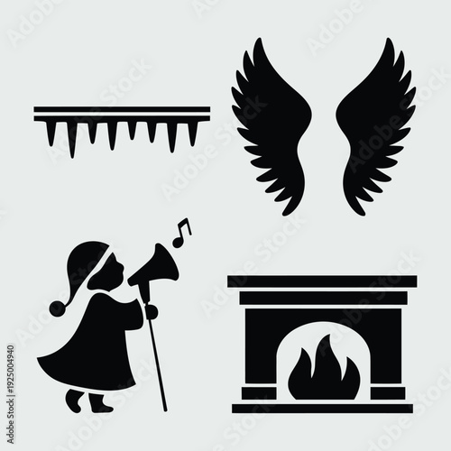 Whimsical black and white icons depicting a musician, fireplace, wings, and a saw isolated on white background, Vector, illustration