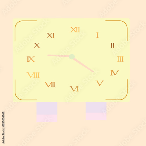 displays a clock face utilizing Roman numerals for the hours.