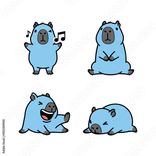 Cartoon capybara characters in different poses and emotions on white background