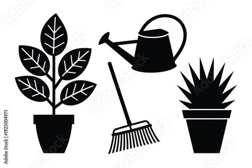 Classic gardening tools and plants in a minimalist black and white illustration isolated on white background, Vector, illustration