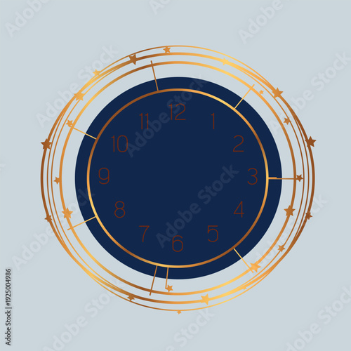 displays a clock face utilizing Roman numerals for the hours.