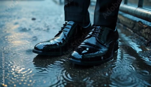 Black Leather Shoes Standing in Rainy Street Puddle at Night