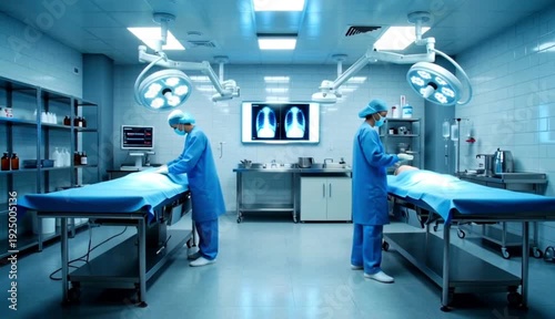 Modern Hospital Operating Room with Medical Staff and Surgical Equipment