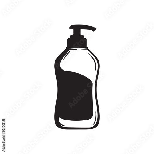 Black and white illustration of a pump bottle for soap lotion or hand sanitizer  simple design