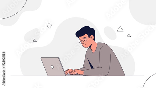 Man working on laptop with glasses, flat illustration style