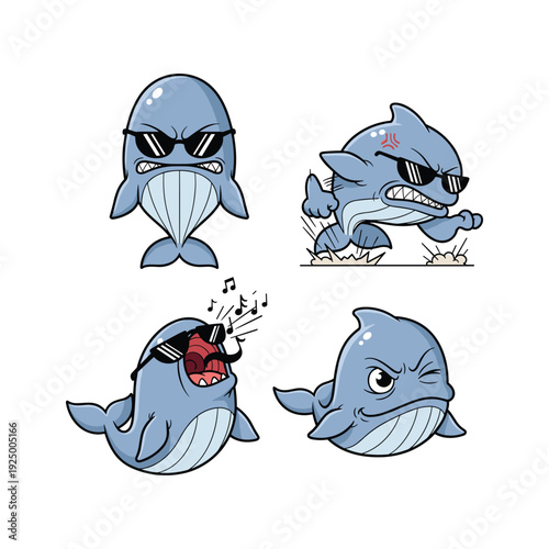 Cartoon dolphin characters with different facial expressions and sunglasses