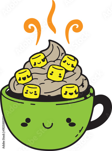 Cartoon green mug with whipped cream and marshmallows isolated on transparent background