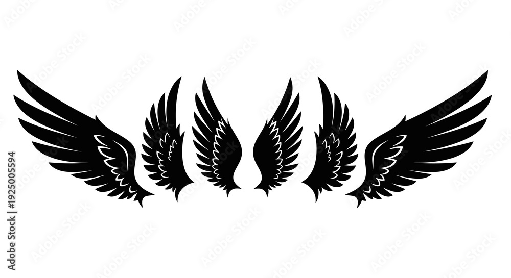 Fototapeta premium A pair of black wings with a white background and intricate design elements.
