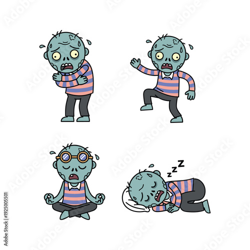 Zombie character in various poses and activities with humorous expressions