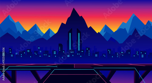 Pixel vector illustration of sunset city skyline with neon bridge silhouette