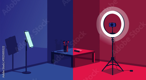 Split vector illustration comparing blue vs red studio lighting setups on stands and table