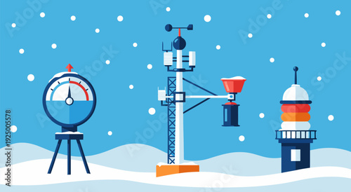Colorful vector illustration of barometer, vane, gauge, snow, sky in winter wonderland scene