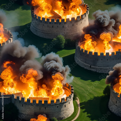 Fiery projectiles bombard medieval city walls.