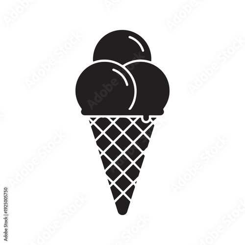 Black and white illustration of two scoops of ice cream in a waffle cone  dessert  sweet treat  frozen food