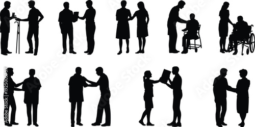 Collection of human silhouettes showing helping, guiding, counseling, and assisting elderly and disabled individuals, representing healthcare, social services, 