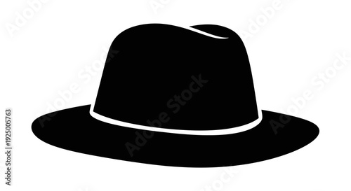 A simple black fedora hat with a white band on a white background.