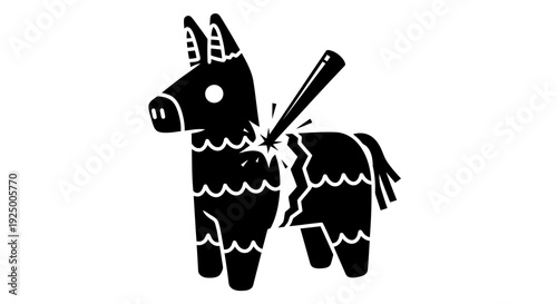A black and white illustration of a piñata shaped like a donkey being hit by a stick.