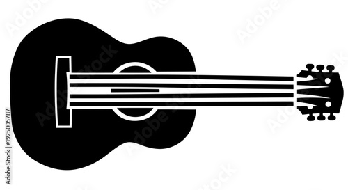 A simple black and white illustration of an acoustic guitar with six strings.
