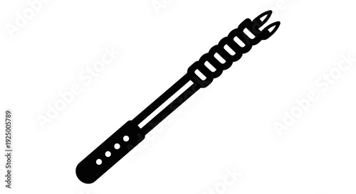 A black and white image of a corkscrew with a long handle and spiral tip.