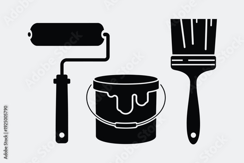 Classic painting tools including a roller, paint can, and brush set against a plain background isolated on white background, Vector, illustration