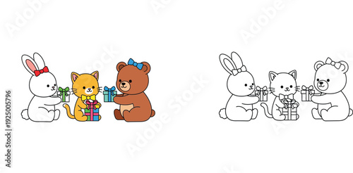 Cute cartoon rabbit, cat, and bear friends giving gifts. Vector illustration set containing colored version and black and white outline for coloring book page.