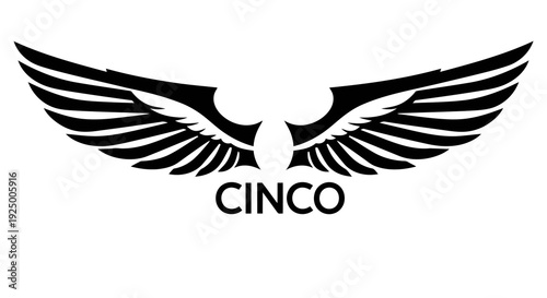 Stylized black and white logo with wings and the text cinco