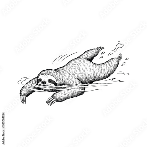 Sloth swimming in water with relaxed expression and copy space