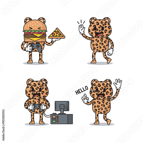 Cheetah character set with different actions and expressions in a cartoon style