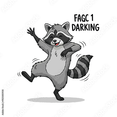 Happy cartoon raccoon dancing with joy and energy on white background