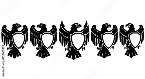 A row of five black eagles with shields on a white background