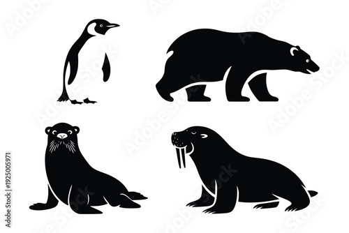 Four arctic animals in silhouette style: penguin, bear, walrus, and seal isolated on white background, Vector, illustration