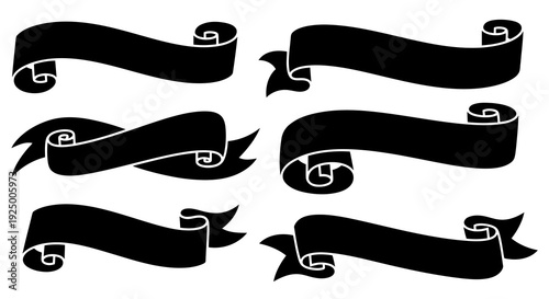 A collection of black ribbon banners with decorative curls and edges.