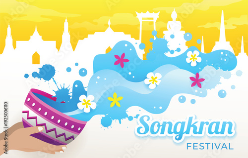 Festive Songkran celebration with water splashes Thai architecture and colorful flowers against a vibrant yellow background