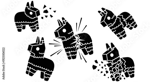 A group of piñatas exploding and breaking apart into pieces.