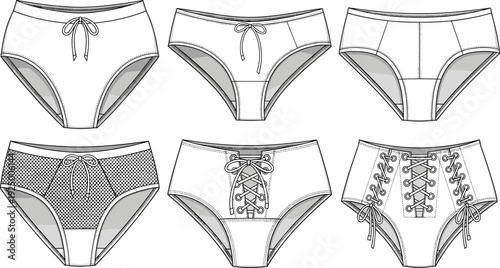 Technical CAD drawing of women's underwear set featuring high waisted briefs with lace up details and mesh panels, vector illustration