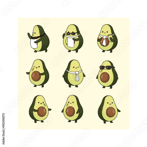 Cartoon Avocado Characters with Different Expressions and Accessories on Light Background