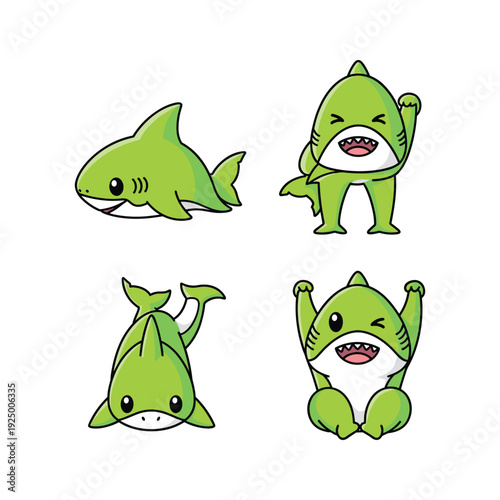 Cute cartoon shark characters in different poses on white background