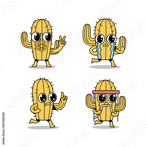 Cactus Characters Showing Different Emotions and Actions in Cartoon Style