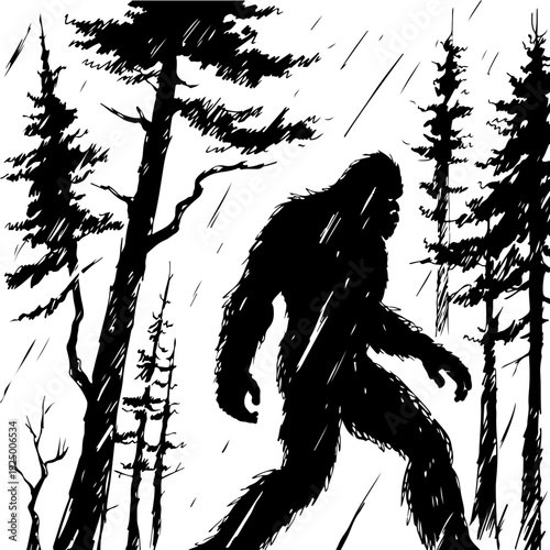 A bigfoot walking through a forest with trees