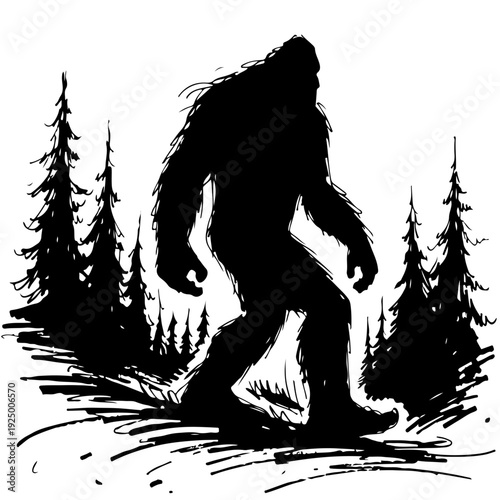 A bigfoot walking through a forest during a rainstorm