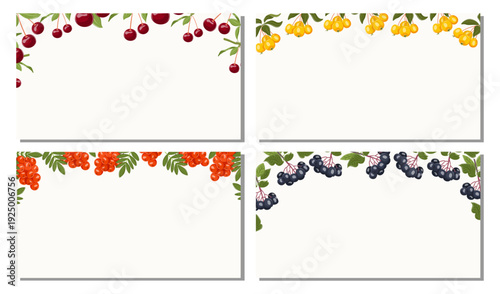 Summer set of berries frames with fruit berry and green leaves. Botanical banners on white background for web design, packaging, label, and seasonal promotions.