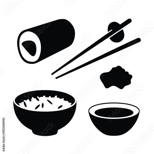 Traditional japanese meal featuring rice, maki roll, and miso soup with chopsticks. isolated on white background, Vector, illustration