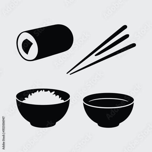 Traditional japanese meal setup with rice, maki roll, and chopsticks. isolated on white background, Vector, illustration