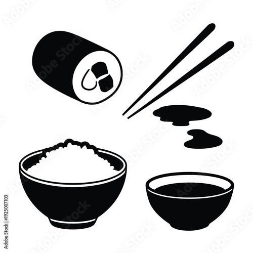 Traditional japanese bento meal with rice, sushi, and soup isolated on white background, Vector, illustration