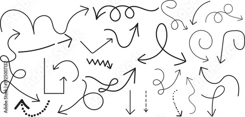 A collection of various arrows and abstract shapes in black on a white background