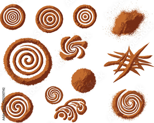 Cinnamon Powder Spiral Design Vector Set with Different Shapes and Cinnamon Sticks